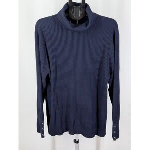 Talbots Plus Navy Blue Ribbed Turtleneck Sweater Button Cuff 3X Cotton Blend